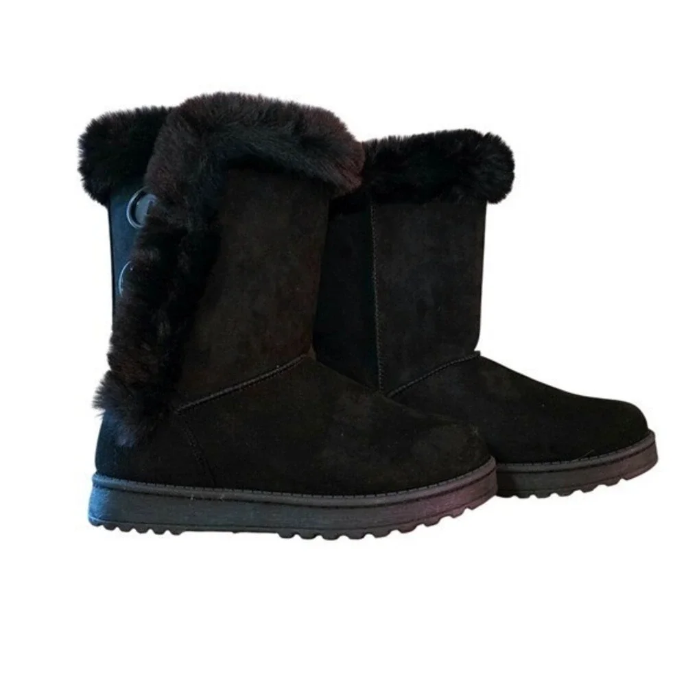 Black Faux Suede Mid-Calf Winter Boots with Faux Fur Trim and Button Detail Cozy
